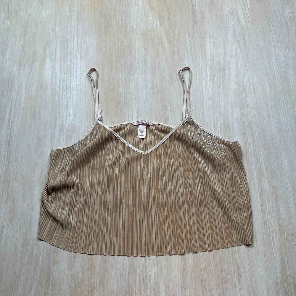 Victoria's Secret Gold Metallic Pleated Plisse V Neck Crop Cami Tank Top LG